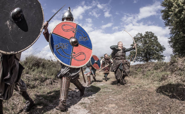 istock Viking warriors outdoors leading a scouting mission 1173604036