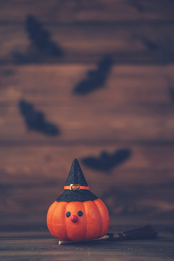 Halloween background with cute pumpkin witch and bats