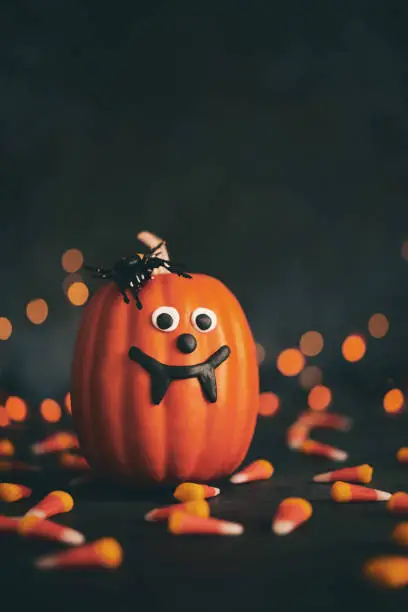 Cute pumpkin character with handmade fangs and holiday lights