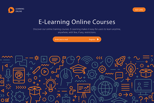 Website template depicting E learning online courses including copy space text and thin line icons.