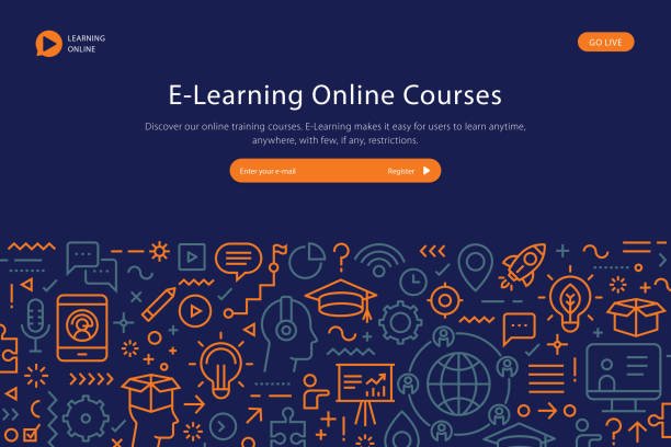 E Learning Online Courses Website Template Website template depicting E learning online courses including copy space text and thin line icons. rocketship patterns stock illustrations