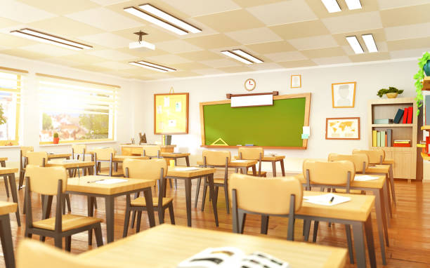 istock Empty school classroom in cartoon style. 3d render interior illustration. 1173608556