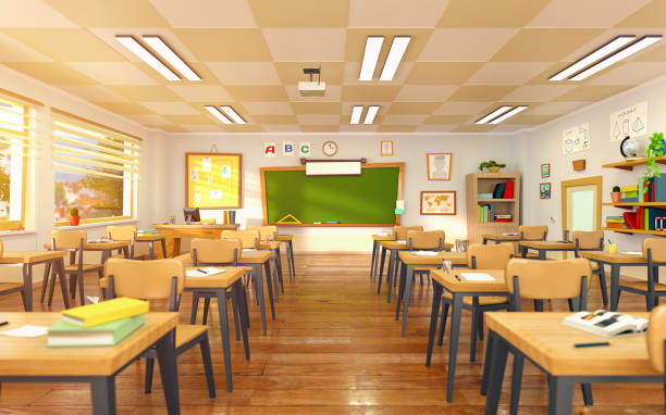 istock Empty school classroom in cartoon style. 3d render interior illustration. 1173608596