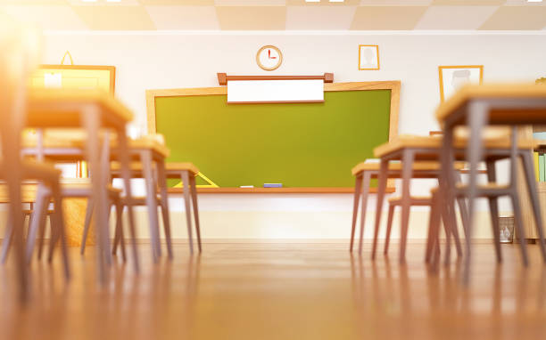 istock Empty school classroom in cartoon style.  3d rendering interior illustration. 1173608693