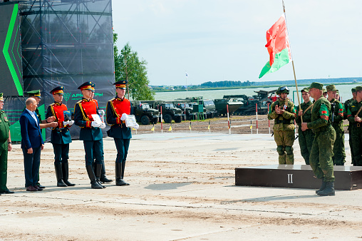 Tyumen, Russia - August 10, 2019: Army Games. Engineering Formula contest. Highest military and engineering school ground. Awards ceremony of winners