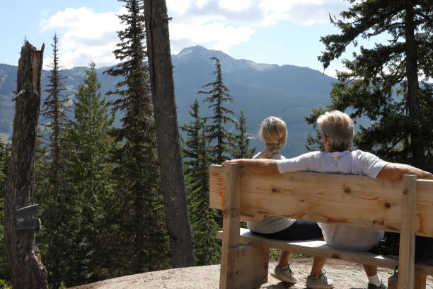 istock Couple sit on bench amongst mountains and forest 1173615467