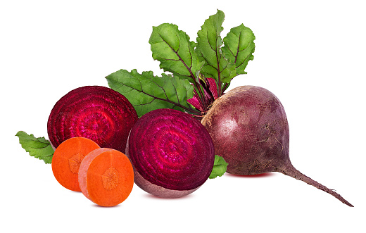 Beetroot and carrot with leaves isolated on white