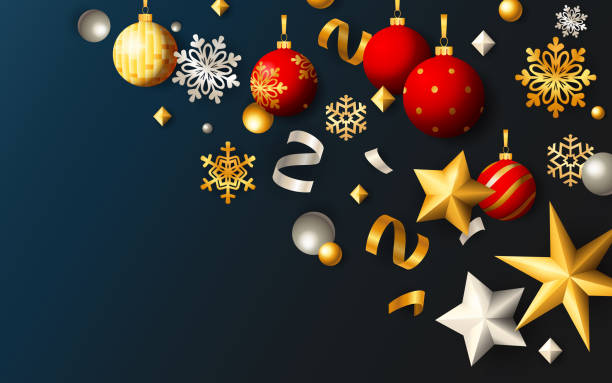 istock Christmas festive banner with balls and stars on blue background 1173619468