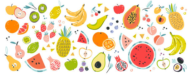 ilustraciones, imágenes clip art, dibujos animados e iconos de stock de ilustraciones de frutas vectoriales dibujadas a mano. ingredientes tropicales. colección aislada de elementos. - fruit apple orange lemon