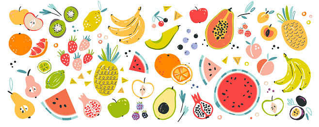 Fruit collection in flat hand drawn style, illustrations set. Tropical fruit and graphic design elements. Ingredients color cliparts. Sketch style smoothie or juice ingredients. Isolated scandinavian cartoon items.