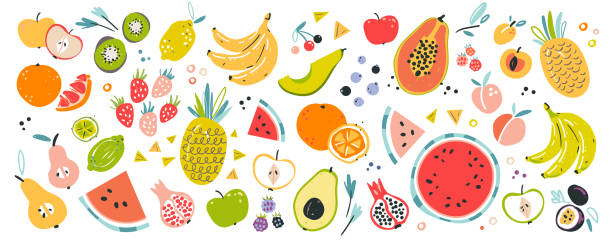 hand drawn vector fruit illustrations. Tropical ingredients. Isolated collection of elements. Fruit collection in flat hand drawn style, illustrations set. Tropical fruit and graphic design elements. Ingredients color cliparts. Sketch style smoothie or juice ingredients. Isolated scandinavian cartoon items. banana drawings stock illustrations