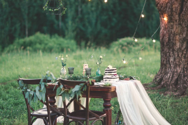 istock Wedding table decoration and table setting in the field at the pine tree on background. Rustic style. 1173623377