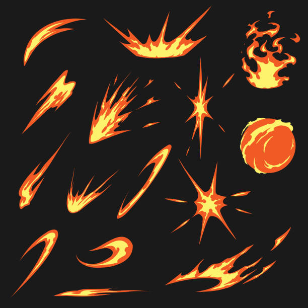 ilustrações de stock, clip art, desenhos animados e ícones de set of flat fire design effects - bomb symbol explosive sparks