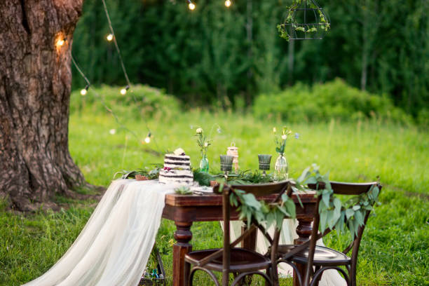 istock Rustic wedding photo zone. Hand made wedding decorations. Dinner for two lovers. 1173623999