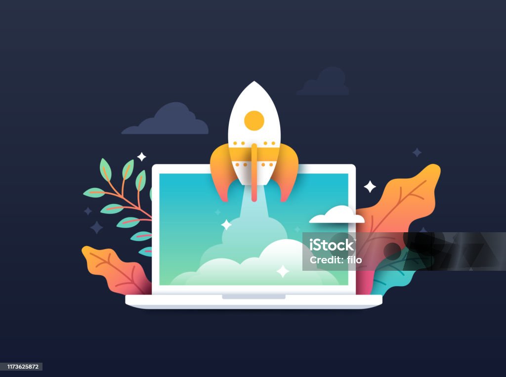 Rocket Taking off from Computer Laptop Spaceship rocket taking off from laptop startup development idea process. Laptop stock vector