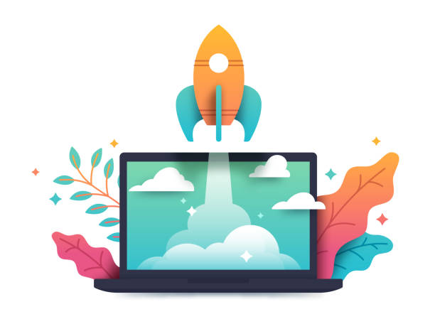 ilustraciones, imágenes clip art, dibujos animados e iconos de stock de startup rocket laptop despegando - vector connection e commerce shiny