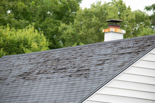 Damaged and old roofing shingles and gutter system on a house Damage to asphalt and asbestos shingles, gutter systems, chimney and roof flashing on residential home rotting stock pictures, royalty-free photos & images