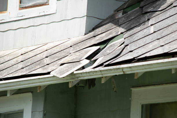 istock Damaged and old roofing shingles and gutter system on a house 1173628369