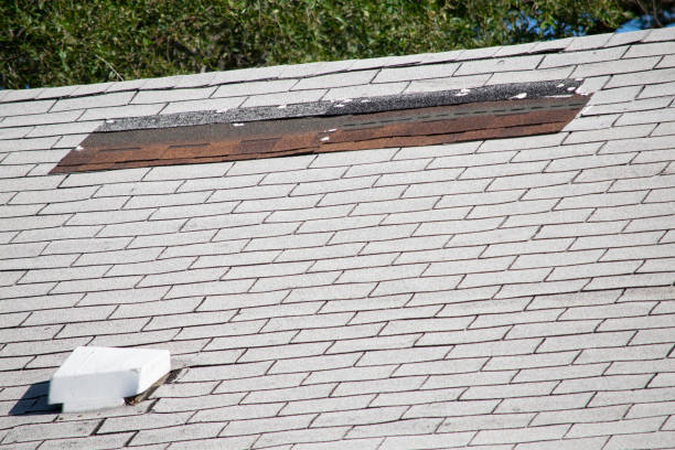 istock Damaged and old roofing shingles and gutter system on a house 1173628430