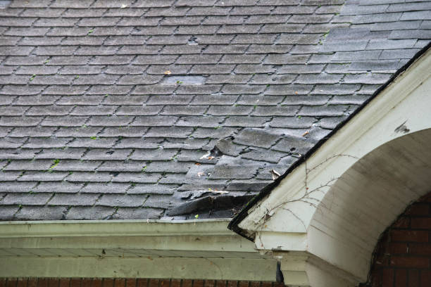 istock Damaged and old roofing shingles and gutter system on a house 1173628442