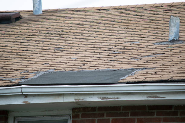 istock Damaged and old roofing shingles and gutter system on a house 1173628450