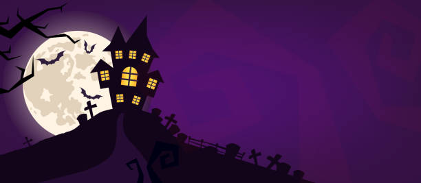 Halloween scary vector background. Spooky graveyard and haunted house at night cartoon illustration. Horror moon, bats and graves silhouettes creepy backdrop. Helloween gothic panorama with cemetery Halloween scary vector background. Spooky graveyard and haunted house at night cartoon illustration. Horror moon, bats and graves silhouettes creepy backdrop. Helloween gothic panorama with cemetery bat silouette illustration stock illustrations