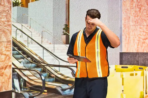 Photo of One man only / waist up / front view of 20-29 years old adult handsome people caucasian male / young men repairman / technician / manual worker / service occupation repairing in front of escalator who is working / broken / lobby