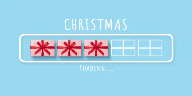Photo of Loading progress bar with pink gift boxes on blue isolated background