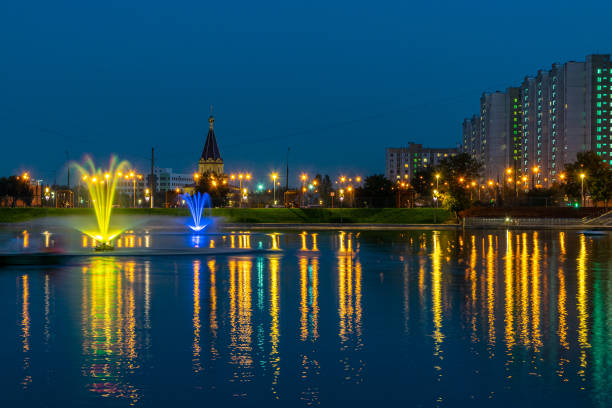 Boat station at Brateevo pond in twilight, Moscow, Russia. Blue hour.