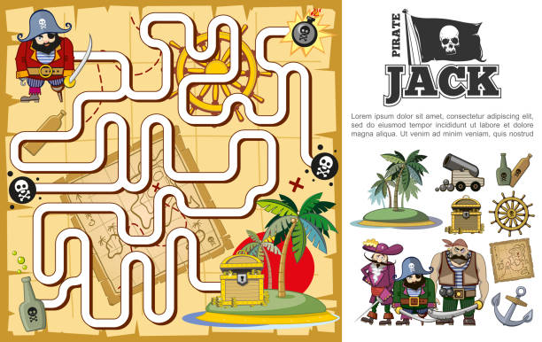 ilustrações de stock, clip art, desenhos animados e ícones de cartoon pirate treasure hunt maze concept - pirate corsair cartoon danger