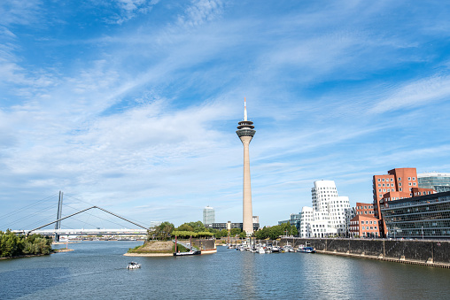 panoramic view of the Medienhafen (Media Harbour) Düsseldorf with rhine in the foreground