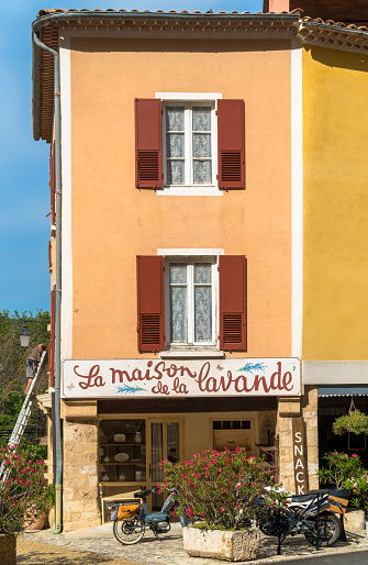 Moustiers-Saints-Marie, Alpes-de-Haute-Provence / France - July 7th, 2019:  Colorful shop facade / “Lavander House” sign