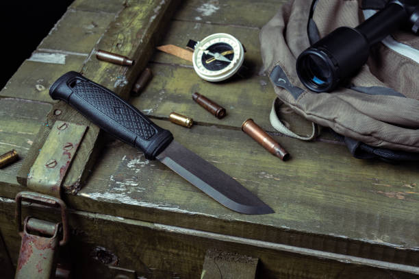 istock Knife, compass and backpack. Sniper kit. Orienteering. 1173642760