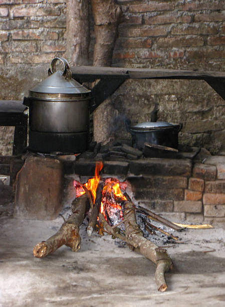 istock Black pot on a wood fire stove 1173643679