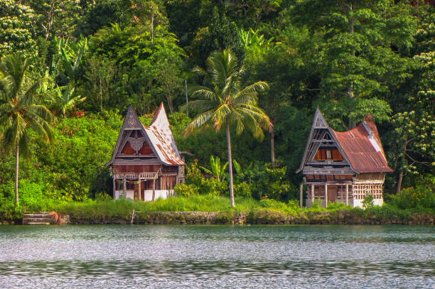 Indonesian house on the lake with palmtrees Houses on the lake shore of Samosir island in the middle of the volcanic lake Toba, Sumatra, Indonesia, Asia danau toba lake stock pictures, royalty-free photos & images