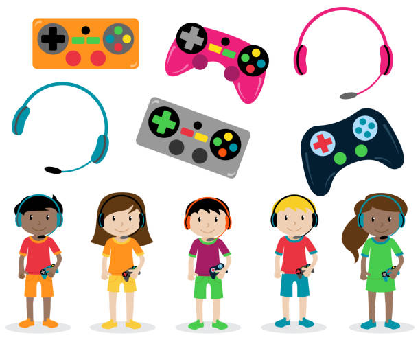 ilustrações de stock, clip art, desenhos animados e ícones de vector set of gamer themed controllers and headphones and gamer kids - animated cartoon music teens arts and entertainment