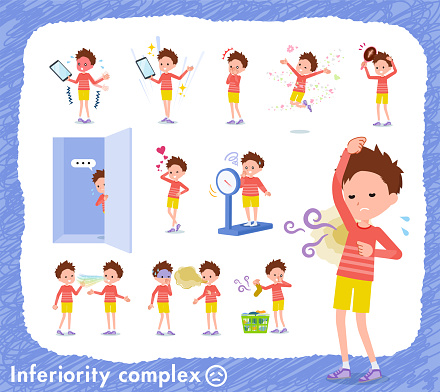 A set of boy on inferiority complex.There are actions suffering from smell and appearance.It's vector art so it's easy to edit.