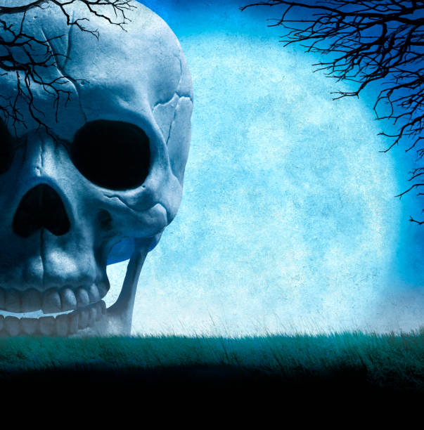 A large skull sits on the horizon on a spooky Halloween night framed by a barren tree.