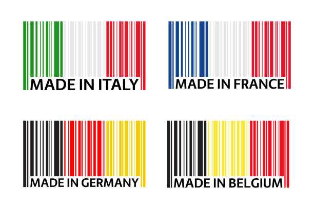 illustrazioni stock, clip art, cartoni animati e icone di tendenza di set di quattro simboli di codice a barre made in italy, made in france, made in germany e made in belgium, semplici icone nei colori di italia, francia, germania e belgio, bandiera italiana, bandiera tedesca isolata su sfondo bianco - france germany flag white background