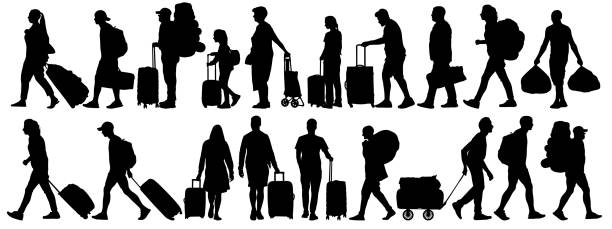 Crowd of people tourists. People with suitcases bags and backpacks. Migration of people. Vector silhouette isolated set Crowd of people tourists. People with suitcases bags and backpacks. Migration of people. Vector silhouette isolated set airport borders stock illustrations