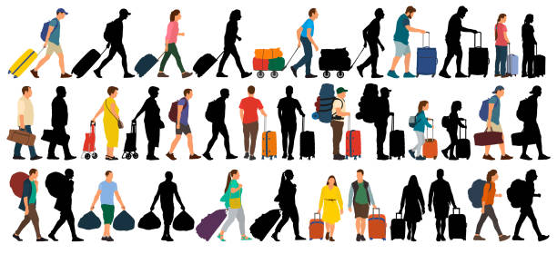 orang-orang dengan koper dan tas. set terisolasi pada latar belakang putih. ilustrasi siluet vektor - berbaris jalan kaki ilustrasi stok