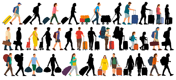 People with suitcases and bags. Isolated set on a white background. Vector silhouette illustration
