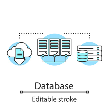 Database concept icon. Server. Data storage. Cloud computing. Data mining. Computer science idea thin line illustration. Web hosting. Vector isolated outline drawing. Editable stroke