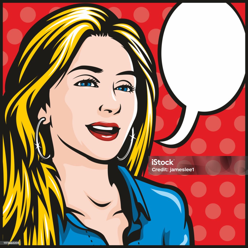 Pop art illustration of a happy woman talking Retro style comic book pop art illustration of a pretty, and happy woman talking. Empty speech bubble for your text. Roy Lichtenstein Homage stock vector