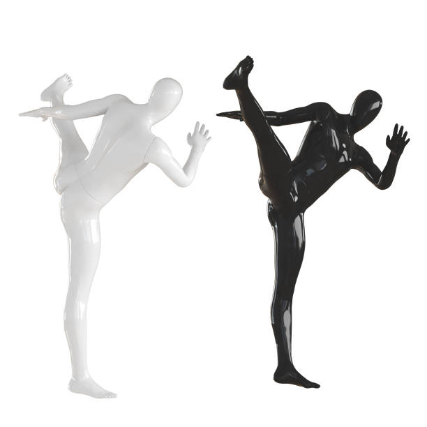 istock Black and white mannequin beat simultaneously high kick. Isolated on a white background. 3D rendering 1173660886