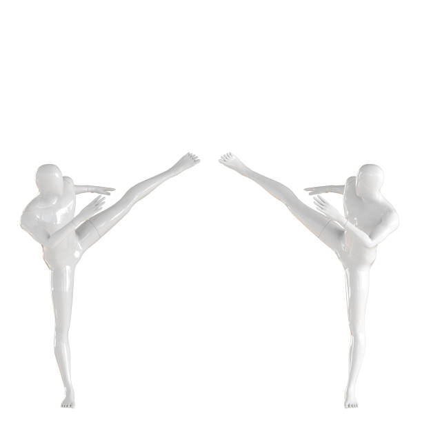 istock Two white mannequin guys kick a high kick in a side stance to meet each other. 3D rendering 1173660896