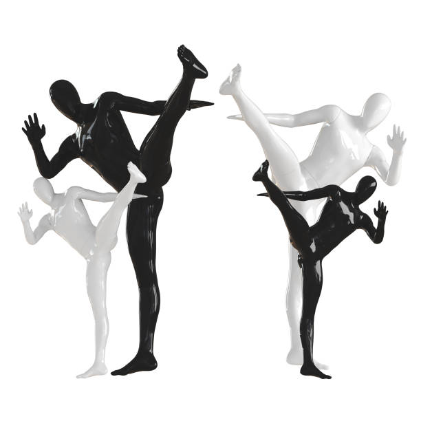 istock Four mannequins hit synchronously and beautifully high kick. Isolated on a white background. 3D rendering 1173660951