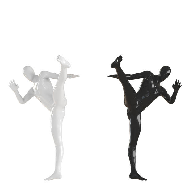 istock Black and white mannequin kick high kick. Isolated on a white background. 3D rendering 1173660953