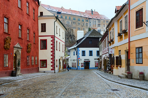 Cesky Krumlov, Czech Republic - January 24, 2019: Street in historic center of small medieval town of Cesky Krumlov, world cultural heritage site protected by UNESCO, Czech Republic