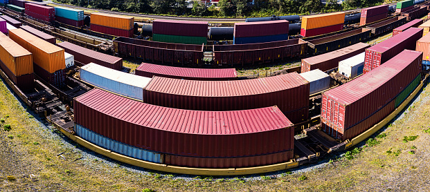 Low level aerial panoramic of a busy rail yard.